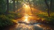 the sun shines down on a river in a forest