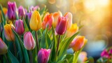 Fototapeta Tulipany - Many colorful tulips in a vase