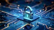 © horizon - Cyber security technology for fraud prevention and privacy data network protection concept, digital padlock on dark blue background for computing system.