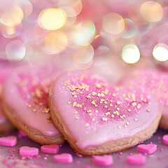 Poster - Cookies in the shape of hearts with bokeh in the background
