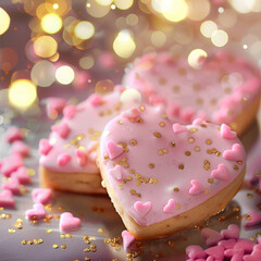 Poster - Cookies in the shape of hearts with bokeh in the background
