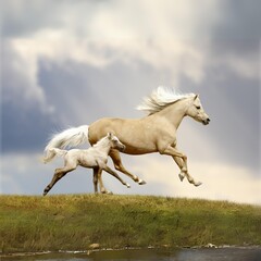 Sticker - AI generated illustration of a mother horse and her foal joyfully gallop alongside the serene lake