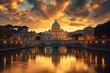 Scenic view of Rome at dawn, the Tevere river reflecting a bridge, AI-generated.