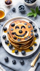 Poster - AI generated illustration of a pancake with blueberries arranged to resemble a smiley face