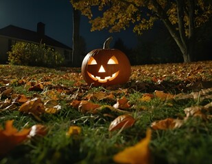 Wall Mural - an illuminated jack o lantern on the ground of a grass covered lawn