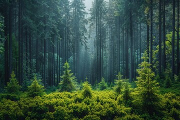 lush green forest scenery with a hazy atmosphere, creating a serene and mysterious woodland landscap