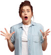 © master1305 - Wow. Young emotional surprised woman standing and looking at camera. expressing shock isolated on transparent background. Wide open yes and mouth. Concept of human emotions, facial expression.