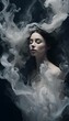 AI generated illustration of surreal alcohol ink artwork of a woman enveloped by ethereal clouds