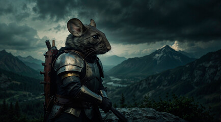 Cartoon samurai rat in armor in the mountains against the backdrop of dark clouds.