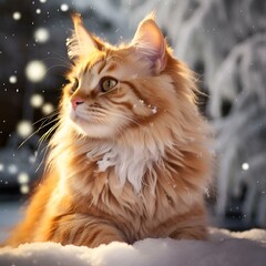 Sticker - the fluffy cat is sitting outside in the snow looking up at something