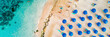 Aerial bird's eye view of Makronissos organised beach coastline,