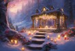 AI generated illustration of a snow-covered gazebo adorned with lights and flickering candles