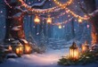 AI generated illustration of a snowy path leading to lanterns in wintry forest