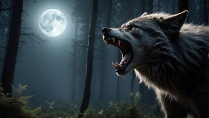 Wall Mural - AI generated illustration of a howling grey wolf in a forest at full moon