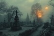 Eerie winter fog blankets hillside graveyards, AI-generated.
