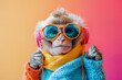 © ADDICTIVE STOCK - Stylish monkey with sunglasses and headphones on colorful background. Generative AI image