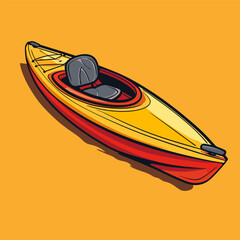 Wall Mural - A yellow and red kayak is sitting on a yellow background. The kayak is drawn in a cartoon style, and it is a fun and playful image