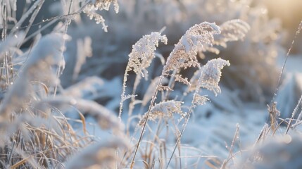 Poster - Sunlight filtering through snowy plants in a frost-covered field