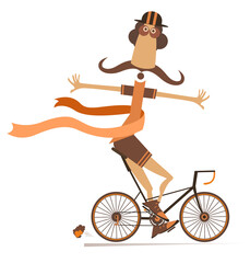 Wall Mural - Cartoon man rides a bike and wins the race. 
Funny long mustache man in helmet rides a bike and finishes with a winner ribbon. Isolated on white background
