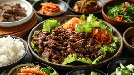 Traditional korean bulgogi dish with side plates