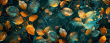 Turquoise And Yellow Leaves, Gold Branches, Dark Background, Hyper Realistic Oil Painting In The Style Of Close Up