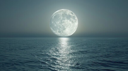 Wall Mural - full moon rising over a calm ocean, casting a path of shimmering silver on the water surface.