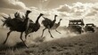 Emus in motion, their feathers ruffled as they run across an open field with a convoy of military jeeps in hot pursuit. The composition conveys a sense of chaos and movement.