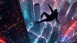 Super-spy superhero in a mid-air leap between skyscrapers, with a sleek, futuristic gadget in hand. The modern cityscape below, illuminated by neon lights, adds a sense of high-tech espionage.
