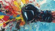 Boxer glove exploding into a burst of colorful abstract shapes, conveying the disorienting impact of punches. The composition captures the energy and chaos of a fight.