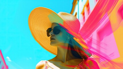 Gust of wind lifting a stylish wide-brimmed hat off the head of a carefree woman in a vibrant cityscape.