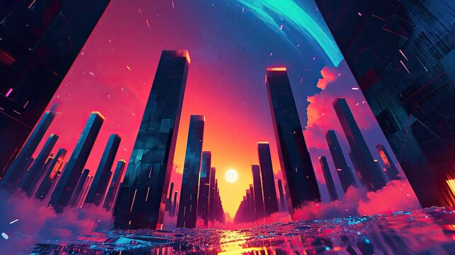 Concept of exponential growth through a surreal landscape of towering, geometric structures emerging from a single point. Vibrant, neon colors reminiscent of the cyberpunk genre.