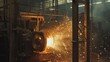 Generator roaring to life in a dimly lit industrial setting, emitting sparks as it starts. The image captures the raw energy and power.