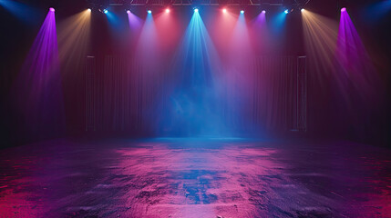 Sticker - Empty stage with colorful spotlights. Scene lighting effects. on black