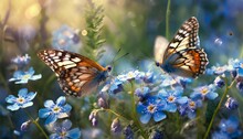 A Beautiful Summer Or Spring Meadow With Two Flying Butterflies And Blue Flowers Of Forget Me Nots Wild Nature Landscape Close Up Of A Macro