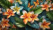 floral seamless pattern tropical flowers bouquets plumeria protea hibiscus glasswinged butterflies exotic leaves fresh foliage hand drawn vintage 3d illustration good for luxury wallpapers