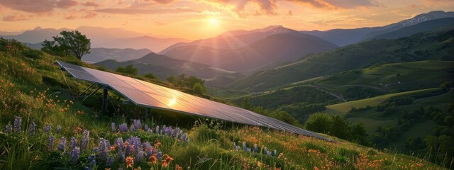 Wall Mural - Solar panels with blue sunset sky and sun in the background. Installed solar panels, green energy. Renewable energy concept with solar panels against a vibrant sunset and cloudy sky.