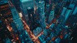 Drone photograph of a bustling cityscape at twilight, skyscrapers illuminated, busy streets below