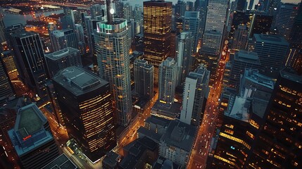 Wall Mural - Drone photograph of a bustling cityscape at twilight, skyscrapers illuminated