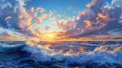 Wall Mural - dynamic, blue sky, sea, the sky has sunset and afterglow, clouds flow into the distance, wall-paper, Photorealistic