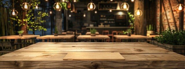 Wooden kitchen table with empty wooden board for product presentation on blurred background Blurred Empty Wooden Table Background Cafe Restaurant Table, Wooden Table, Copy Space. Product Photography