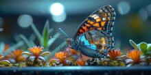 A Butterfly (with Blue Light,) Stands On The Light Box 