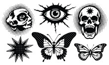 Eyes, Mouth, Hand, Head, Butterfly, Skull With Halftone Stipple Effect, For Grunge Punk Y2k Collage Design. Pop Art Style Dotted Crazy Elements. Vector Illustration On White Background