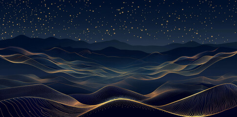 Wall Mural - abstract vector background with golden lines, mountains and stars on a dark sky in a night landscape
