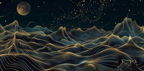 Wall Mural - abstract vector background with golden lines, mountains and stars on a dark sky in a night landscape