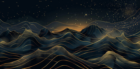 Wall Mural - abstract vector background with golden lines, mountains and stars on a dark sky in a night landscape