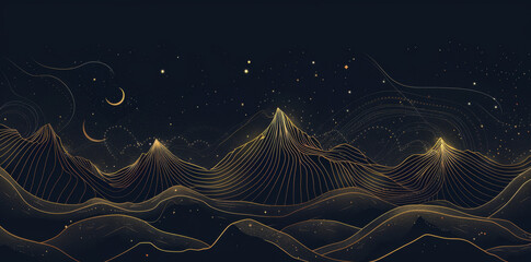 Wall Mural - abstract vector background with golden lines, mountains and stars on a dark sky in a night landscape