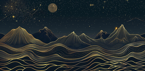 Wall Mural - abstract vector background with golden lines, mountains and stars on a dark sky in a night landscape