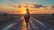 © Nastya - Girl in graduation hat from behind, street road with sunset background