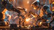Futuristic AI forge with robotic arms welding systems, sparks flying over an anvil, surrounded by testing humanoid robots, in digital art style