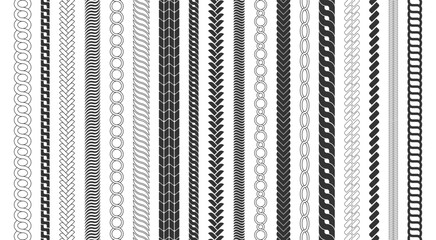 Chain pattern brushes set braided rope isolated on white background. Rope brushes frame, decorative black line set. Thick cord or wire elements.